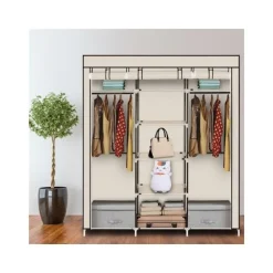 - 69" Non-Woven Fabric Opbevaringsskab - 9 Hylder inklusive Dobbelt Stang - Beige Farve KLB