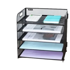 5 Bakke Papirarrangør med Håndtag - Mesh Skrivebordsarkiv/Brev Organisator med Sort Papirsorterer til Kontor, Hjem eller Skole