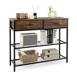 100 cm konsolbord med 2 skuffer 3 plan gangbord lavet af træ sidebord med metalstel rustik brun