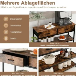 100 cm konsolbord med 2 stofskuffer 3 etagers sidebord rustik brun
