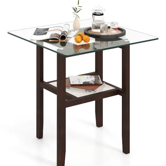 61 cm langt og bredt glas sidebord 2 etagers glasbord med opbevaringsplads brun