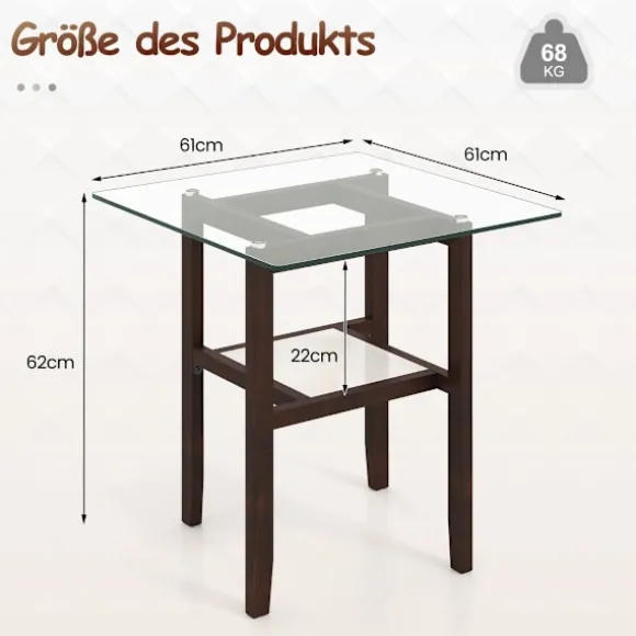 61 cm langt og bredt glas sidebord 2 etagers glasbord med opbevaringsplads brun