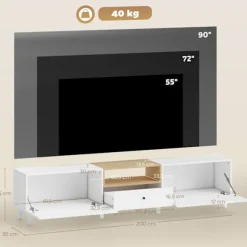 200 cm TV-bord til 90-tommer TV, 2 døre, skuffe, hvid