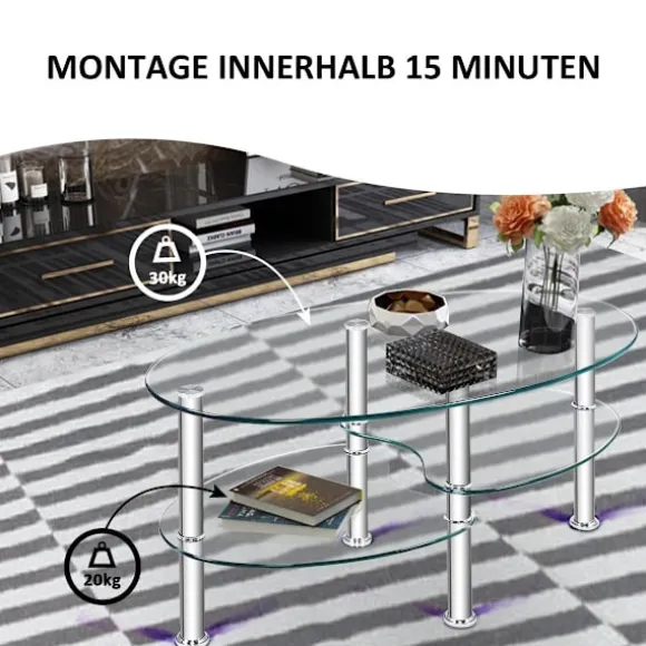 3 etagers glasbord med moderne ovalt design, tre etagers gennemsigtig hylde