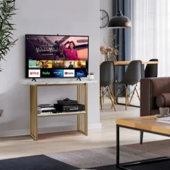 2 etagers konsolbord med marmorlook 120 x 29,5 x 92,5 cm hvid & guld