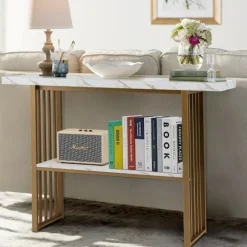 2 etagers konsolbord med marmorlook 120 x 29,5 x 92,5 cm hvid & guld
