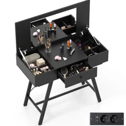 2 i 1 Frisør med Spejl COSTWAY, Opladningsstation, Makeupbord med Foldbart Låg, Skuffe, 6 Rum, Sort Svart