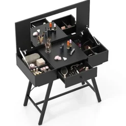 2 i 1 Frisør med Spejl COSTWAY, Opladningsstation, Makeupbord med Foldbart Låg, Skuffe, 6 Rum, Sort Svart