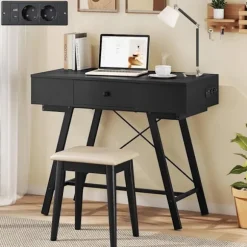 2 i 1 Frisør med Spejl COSTWAY, Opladningsstation, Makeupbord med Foldbart Låg, Skuffe, 6 Rum, Sort Svart