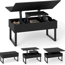 3 i 1 Sofabord med Hæveplade COSTWAY, 3 Skjulte Opbevaringsrum, 100x50x49 cm Konvertibelt Stuebord, Sort Sort