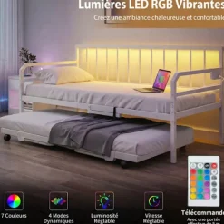 3 i 1 Voksen Seng 180 x 200 CM COSTWAY, LED Lys, Opladningsstation, 2 Separate Enkeltsenge med Låsehjul, Hvid Hvid