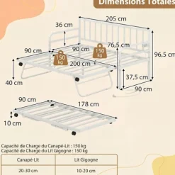 3 i 1 Voksen Seng 180 x 200 CM COSTWAY, LED Lys, Opladningsstation, 2 Separate Enkeltsenge med Låsehjul, Hvid Hvid