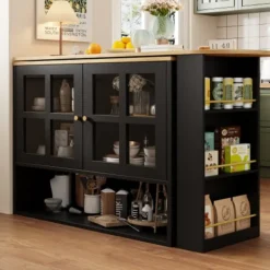 360° Roterende Spisebordsbar med Snackhylde, 5 Hylder & Glas, Multifunktionelt Skænk, Sort Black