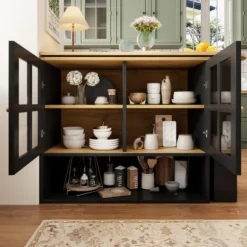 360° Roterende Spisebordsbar med Snackhylde, 5 Hylder & Glas, Multifunktionelt Skænk, Sort Black
