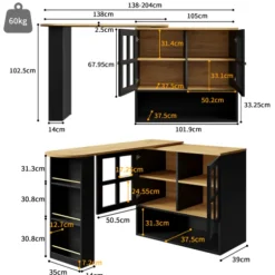 360° Roterende Spisebordsbar med Snackhylde, 5 Hylder & Glas, Multifunktionelt Skænk, Sort Black
