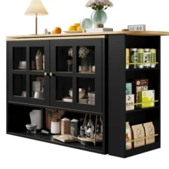 360° Roterende Spisebordsbar med Snackhylde, 5 Hylder & Glas, Multifunktionelt Skænk, Sort Black