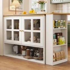 360° Roterende Spisebordsbar med Snackhylde, 5 Hylder & Glas, Multifunktionelt Skænk, Hvid White