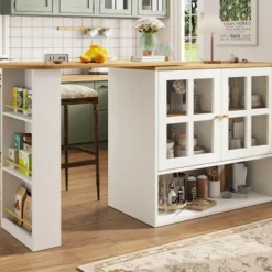 360° Roterende Spisebordsbar med Snackhylde, 5 Hylder & Glas, Multifunktionelt Skænk, Hvid White