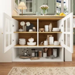 360° Roterende Spisebordsbar med Snackhylde, 5 Hylder & Glas, Multifunktionelt Skænk, Hvid White