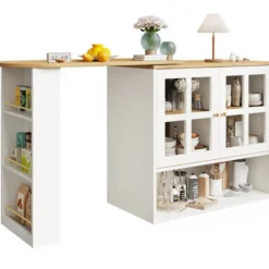 360° Roterende Spisebordsbar med Snackhylde, 5 Hylder & Glas, Multifunktionelt Skænk, Hvid White