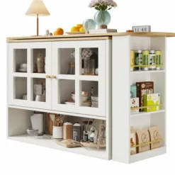 360° Roterende Spisebordsbar med Snackhylde, 5 Hylder & Glas, Multifunktionelt Skænk, Hvid White