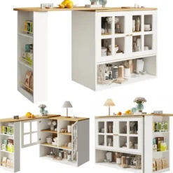 360° Roterende Spisebordsbar med Snackhylde, 5 Hylder & Glas, Multifunktionelt Skænk, Hvid White