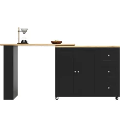 360° Roterende Stående Bord på Hjul, 135-203 cm med 3 Skuffer & Snackholder, Multifunktionel Sort Black