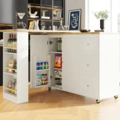 360° Roterende Stående Bord på Hjul, 135-203 cm med 3 Skuffer & Snackholder, Multifunktionel Hvid White