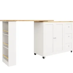 360° Roterende Stående Bord på Hjul, 135-203 cm med 3 Skuffer & Snackholder, Multifunktionel Hvid White