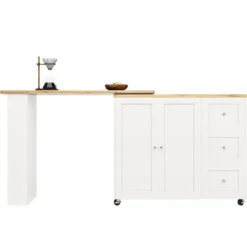 360° Roterende Stående Bord på Hjul, 135-203 cm med 3 Skuffer & Snackholder, Multifunktionel Hvid White