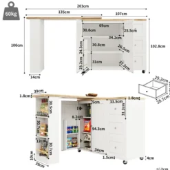 360° Roterende Stående Bord på Hjul, 135-203 cm med 3 Skuffer & Snackholder, Multifunktionel Hvid White