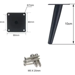 4 skrå bordben, møbelben i metal, koniske møbelben, 201 rustfrit stål, sort, højde 10 cm
