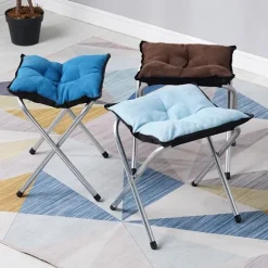 1 stk., Foldbar polstret fodskammel, lille accent ottoman med tyk bomuldspude, polstret sofaskammel til lænestol, metalben toiletbord, blå