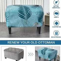 1 stk. (søblå blade) Ottoman-betræk rektangulært strækbart Ottoman C