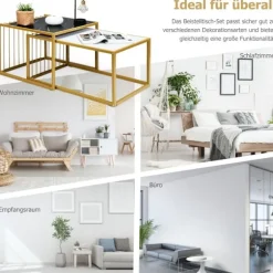 2 x sidebordssæt, sofabord, moderne sidebord i marmor, gul + sort + hvid