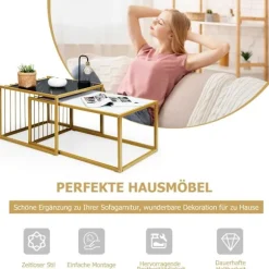 2 x sidebordssæt, sofabord, moderne sidebord i marmor, gul + sort + hvid