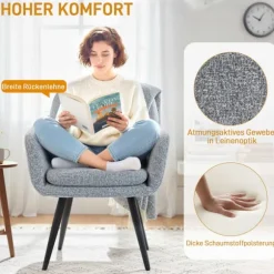 Accentstol med metalben, linnedlook, lysegrå