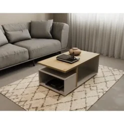 ACCESS rektangulært sofabord - 3 nicher - Hamilton eg og hvid indretning - L 91,8 x D 50 x H 36 cm - DEMEYERE Matt vit och ljust trä