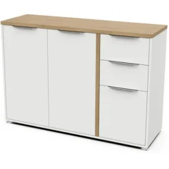 ADGANG skænk - 3 låger + 2 skuffer - Hamilton eg og hvid indretning - L 121,5 x D 39,6 x H 85,6 cm - DEMEYERE Matt vit och ljust trä