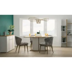 ADGANG skænk - 3 låger + 2 skuffer - Hamilton eg og hvid indretning - L 121,5 x D 39,6 x H 85,6 cm - DEMEYERE Matt vit och ljust trä