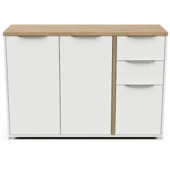 ADGANG skænk - 3 låger + 2 skuffer - Hamilton eg og hvid indretning - L 121,5 x D 39,6 x H 85,6 cm - DEMEYERE Matt vit och ljust trä