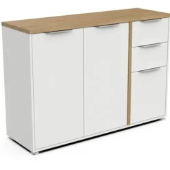 ADGANG skænk - 3 låger + 2 skuffer - Hamilton eg og hvid indretning - L 121,5 x D 39,6 x H 85,6 cm - DEMEYERE Matt vit och ljust trä