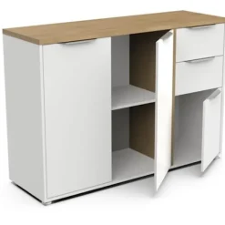 ADGANG skænk - 3 låger + 2 skuffer - Hamilton eg og hvid indretning - L 121,5 x D 39,6 x H 85,6 cm - DEMEYERE Matt vit och ljust trä