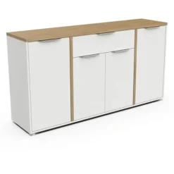 ADGANG skænk - 4 låger + 1 skuffe - Hamilton eg og hvid indretning - L 160,7 x D 39,6 x H 85,6 cm - DEMEYERE Matt vit och ljust trä