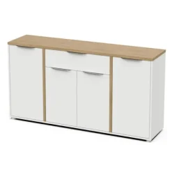 ADGANG skænk - 4 låger + 1 skuffe - Hamilton eg og hvid indretning - L 160,7 x D 39,6 x H 85,6 cm - DEMEYERE Matt vit och ljust trä