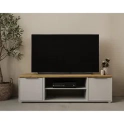 ADGANG TV skab - 2 døre + 1 niche - Hamilton eg og hvid indretning - L 134,8 x D 39,6 x H 39,1 cm - DEMEYERE Matt vit och ljust trä