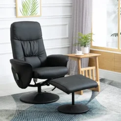 Afslapningsstol, Tv-Stol, Massagestol Med Skammel, Opbevaringsplads Med 10 Vibrationspunkter, Imiteret Læder, Sort, 76 X 81 X 105 Cm