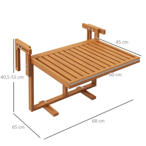 Altanbord Til Ophæng, Foldbart Altanhængebord, Højdejusterbart Hængebord, Kan Holde Op Til 20 Kg, Fyrretræ, 68 X 65 Cm, Teaktræ