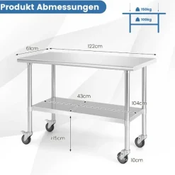 Arbejdsbord i rustfrit stål med hjul, justerbar hylde