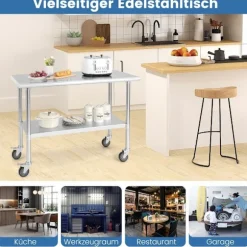Arbejdsbord i rustfrit stål med hjul, justerbar hylde